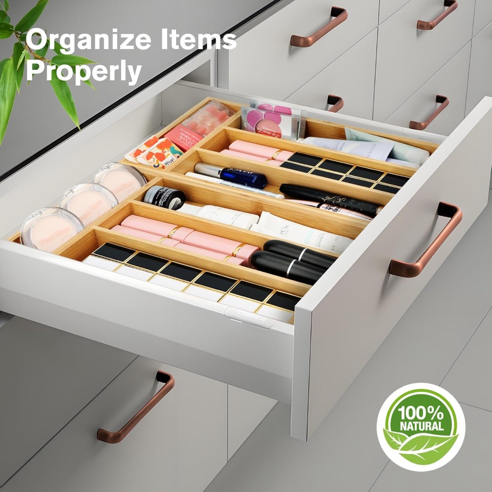 Drawer Organizer Bamboo - Прочный бамбуковый органайзер для ящиков, противоскользящий,