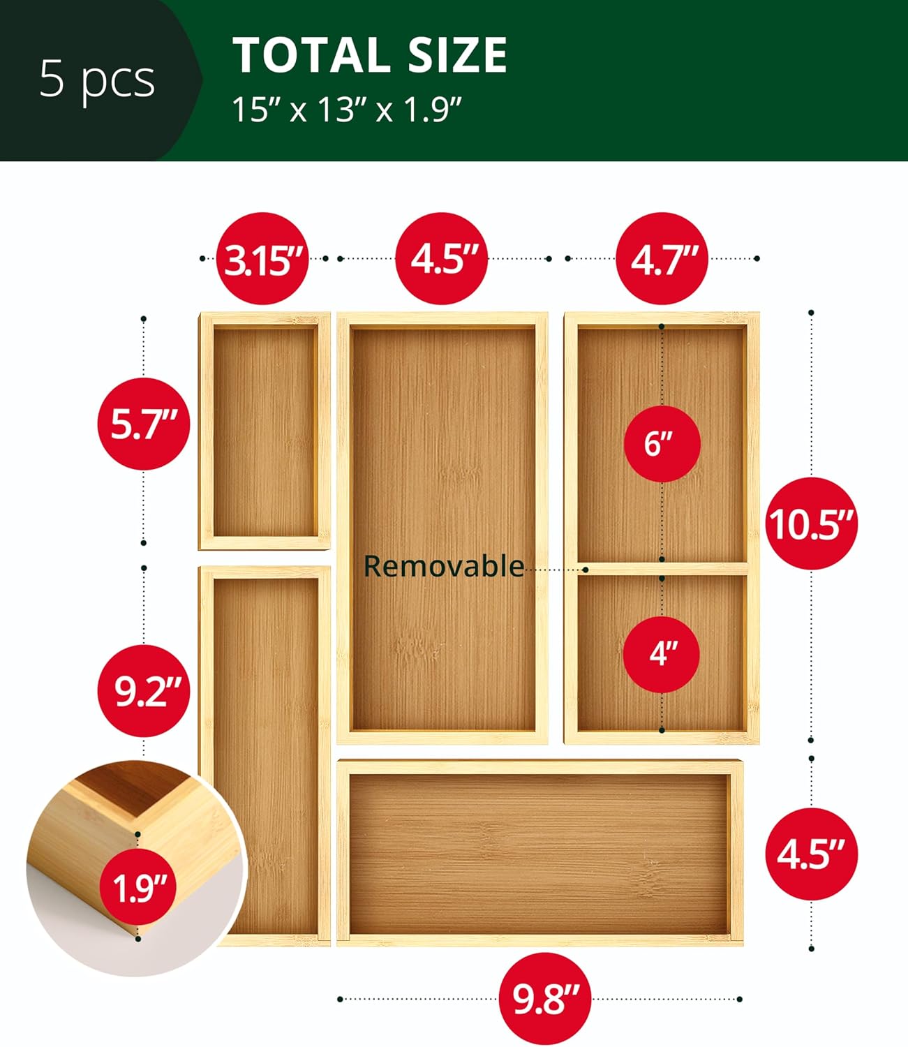 Набор из 5 бамбуковых органайз – обзор и цена Drawer Organizer Bamboo