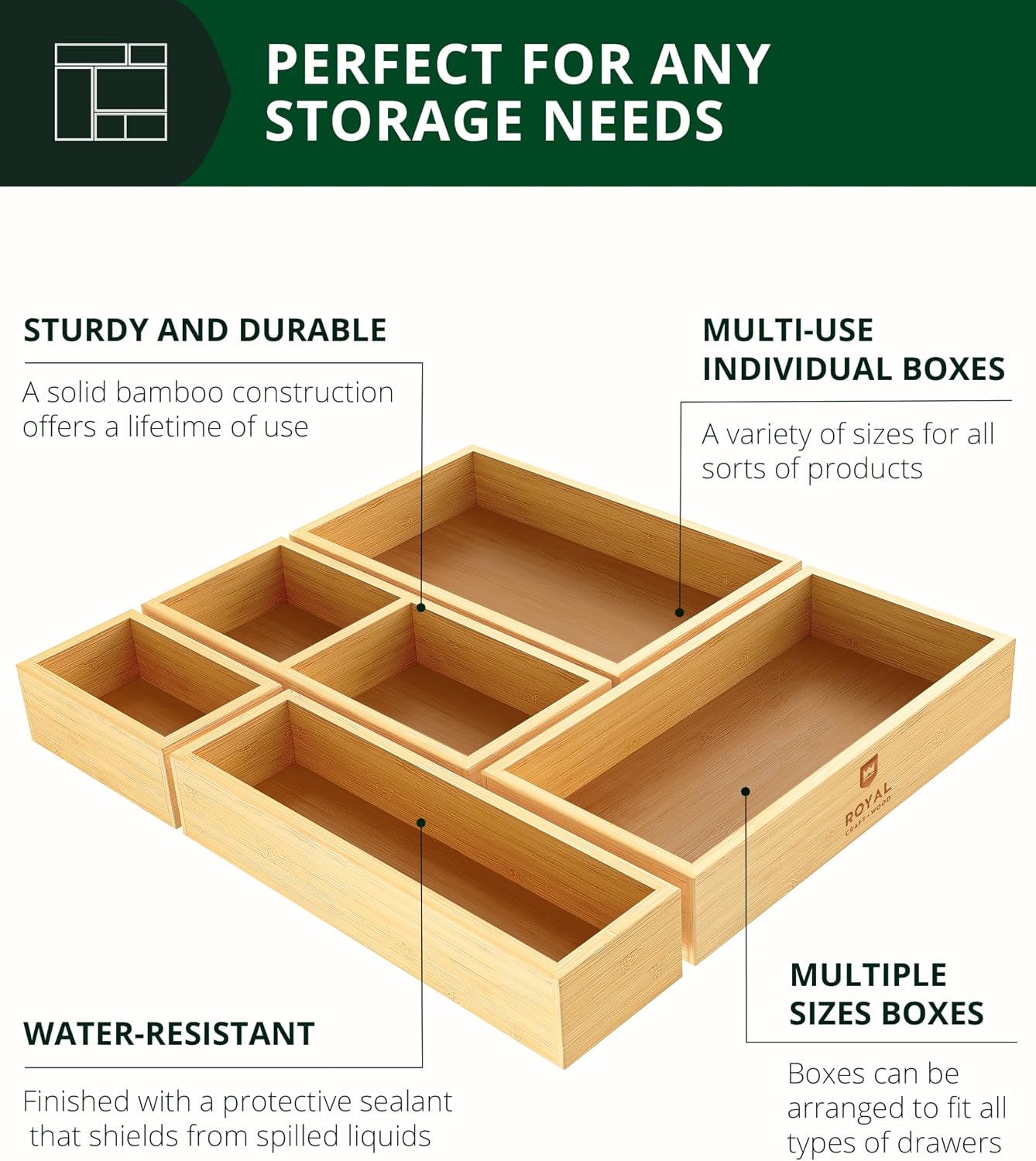 Набор из 5 бамбуковых органайз – обзор и цена Drawer Organizer Bamboo